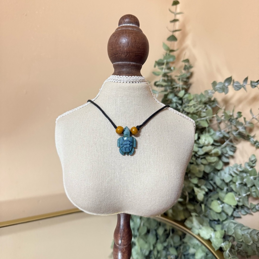 Blue Green wooden sea turtle Pendant Necklace